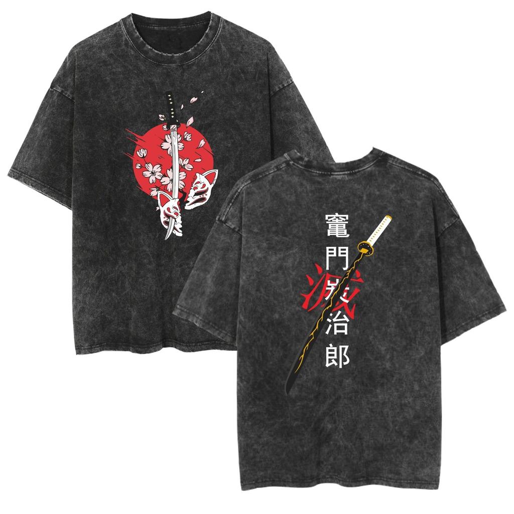 Ghost Slayer Retro Washed Anime Short Sleeve T-shirt with Printed Pattern for Daily Comfort