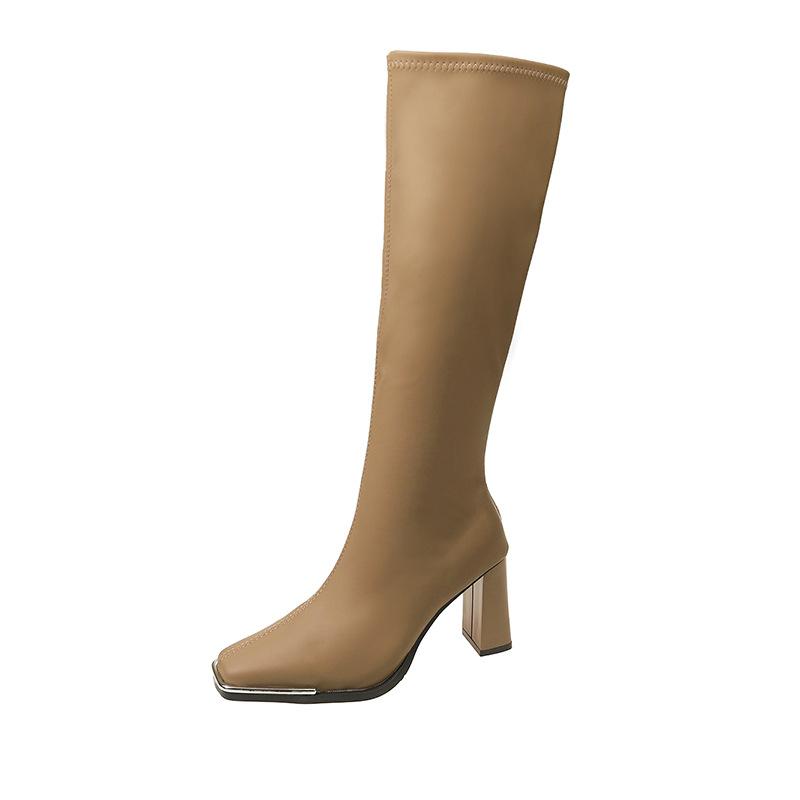 Fashion Autumn Winter Women Knee High Boots Sexy Square Head High-heeled Long Boots Female Shoes Retro Soft Leather Back Zipper Botas