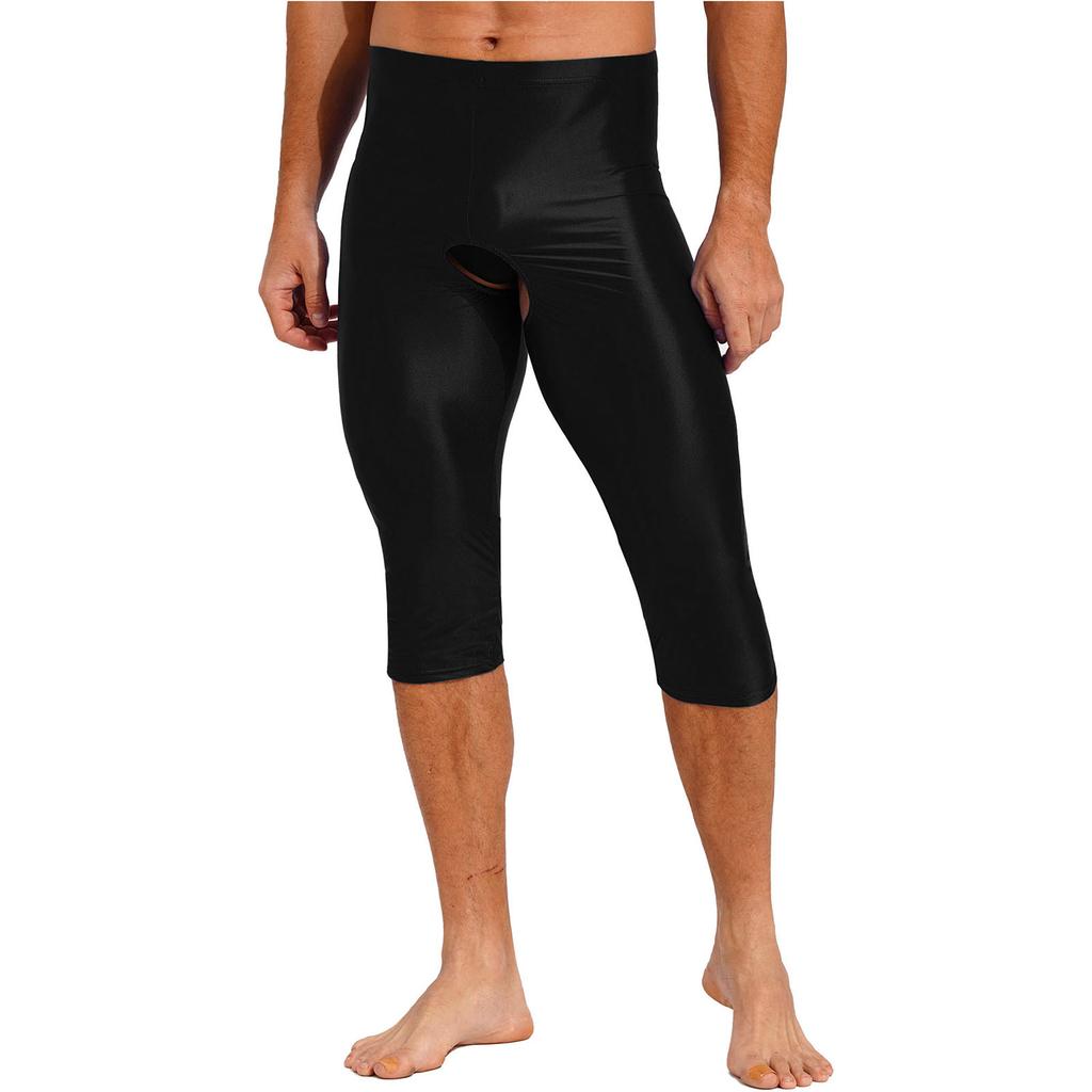 Mens Glossy Open Crotch Shorts Stretchy Elastic Waistband Slim-Fit Leggings Smooth Fabric for Gym Club Outfits