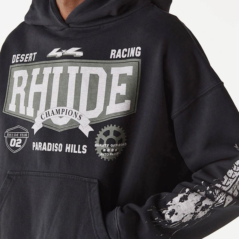 Rhude Vintage Letter Print Heavyweight Hoodie Men Women Loose Fit Streetwear Winter Long Sleeve Top