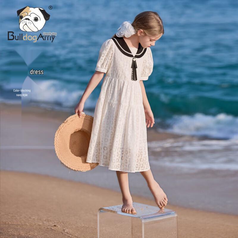 CHANZUIGOU Girls Sailor Collar Color-block Pure Cotton Summer Dress 140 cm