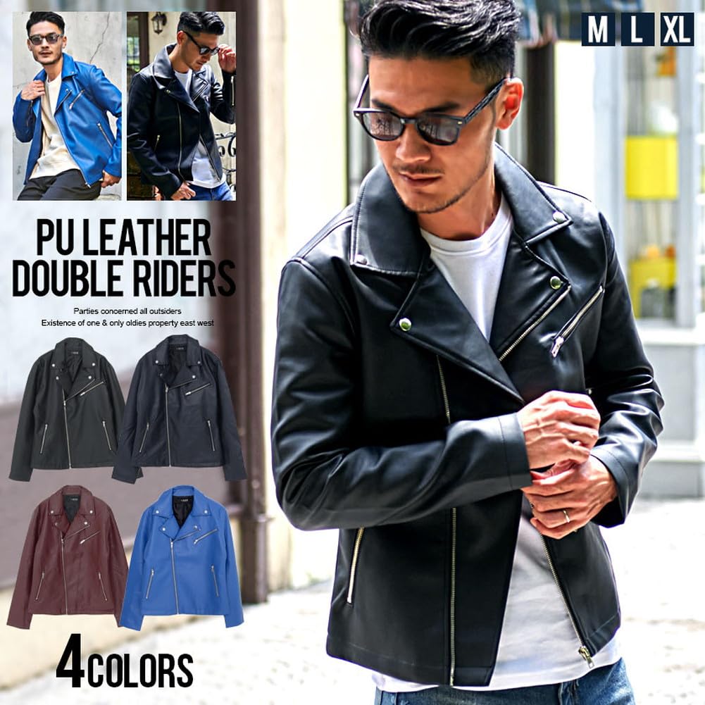 Vitch Unisex Leather Biker PU Leather Size 48 Black Men's Jacket, Double-Breasted Zipper, VISH19-13, (XL),