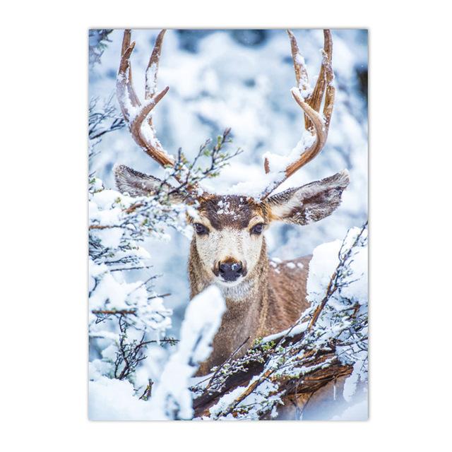Winter Lake Mountain Canvas Painting Snow Tree Deer Wall Art Picture Print Natural Landscape Nordic Poster Room Home Decor Gifts
