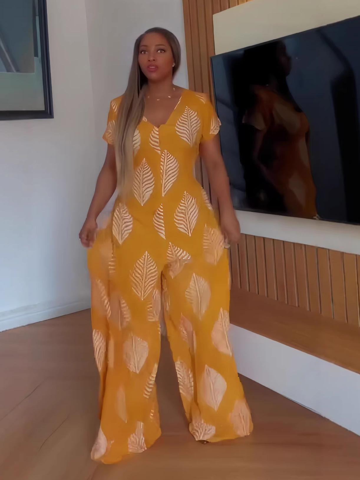 European and American printed African fashion jumpsuit vacation style casual wide-leg lace-up waist versatile jumpsuit women S жёлтый