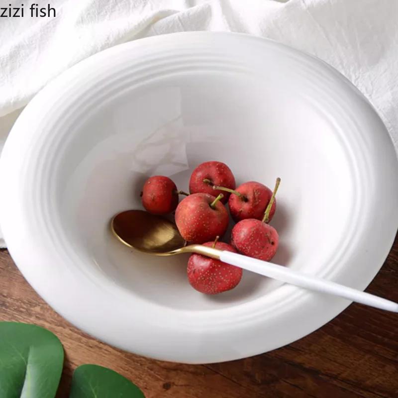 Large Capacity Pure White Soup Bowl Ceramics Dining Plate Dessert Bowl Fruit Plate Salad Bowls Noodle Bowls Dim Sum Dish Tray