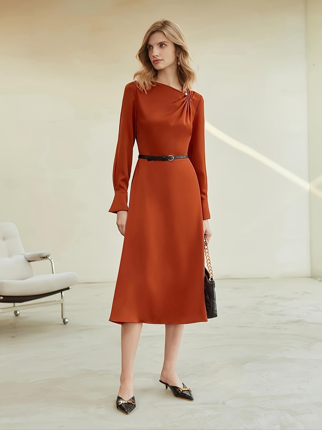 

2024 Elegant Solid Color Long Sleeve Dress with Waistband - Women s Versatile Fashion L оранжевый/красный