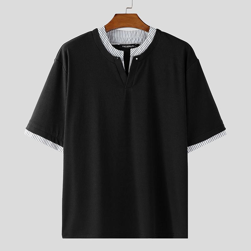 INCERUN Men's Short Sleeve Casual Striped Patchwork Oversized Tops T-shirts