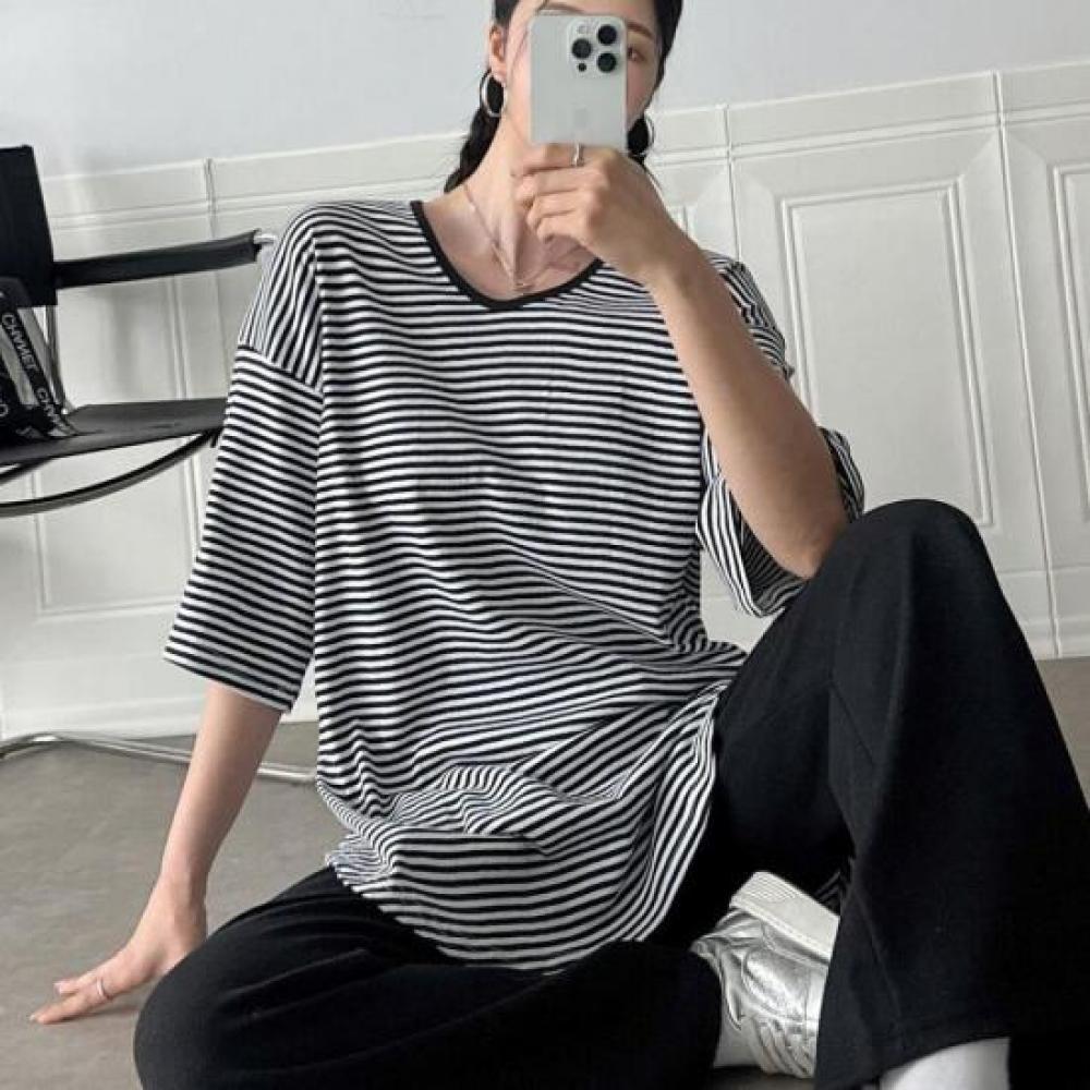 New Arrivals Open Run STripe ShorT Sleeve T shirT Big Size Binding Box Hip Cover