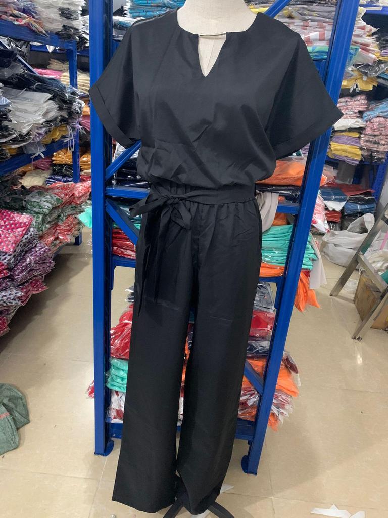 INS Summer V-neck Short Sleeve Elastic Waist Jumpsuit with Patch Pockets for Women