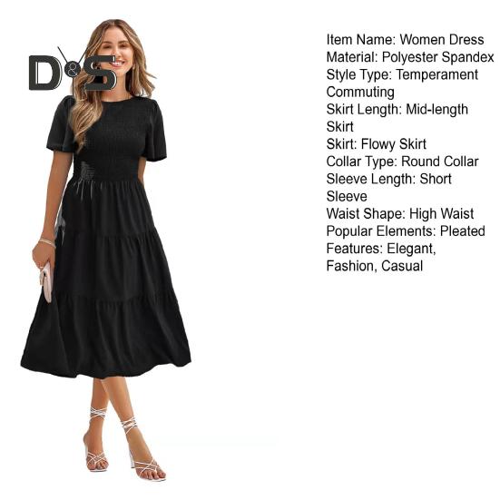 Women's Short Sleeve Smocked Midi Dress Summer Crew Neck Pleated Long Dress Casual Tiered Flowy A-line Dress