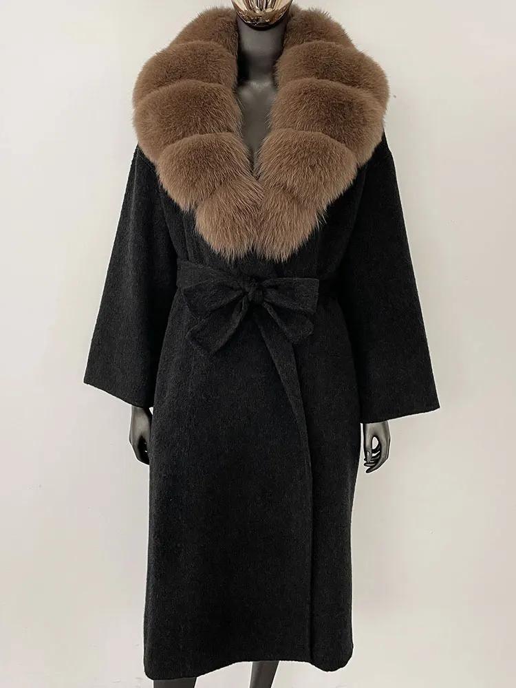 

OFTBUY Натуральная шуба 2024 года, женская верхняя одежда больших размеров, зимняя женская куртка с воротником из натурального меха лисы и капюшоном, пальто из кашемировой шерсти L