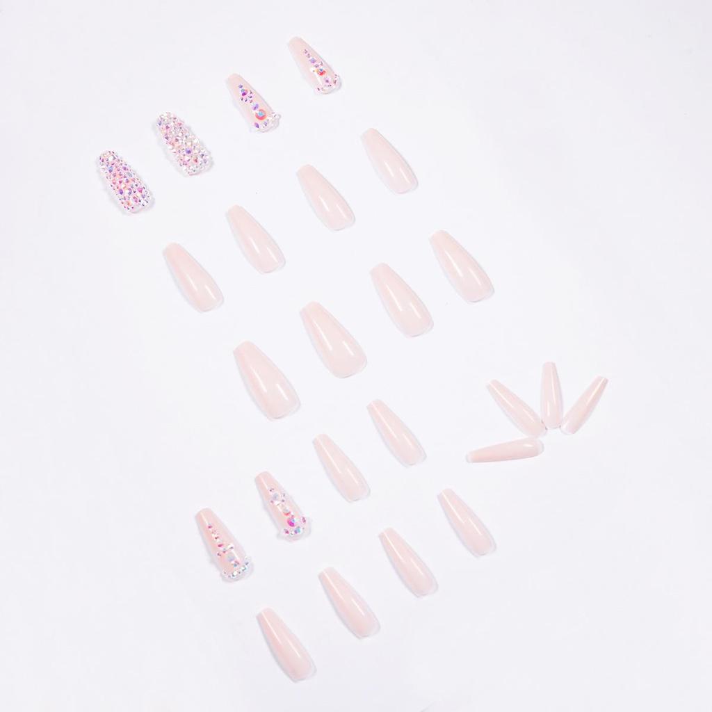 Nude Ballet Wear Long False Nails with Full Drill Design and Removable Nail Art Stickers