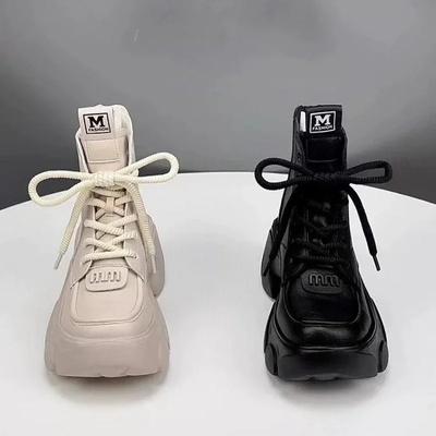 Minimalist Women Boots High Quality Motorcycle Lace Up Boots Women Goth Round Toe Short Barrel Platform Increase Height Boots