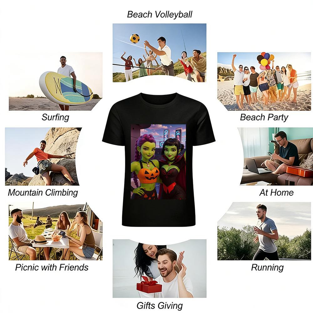 Halloween Green-skinned Girls Print Top Casual T-shirt With Funny Cartoon Characters Festival Wear Pure cotton T-shirt