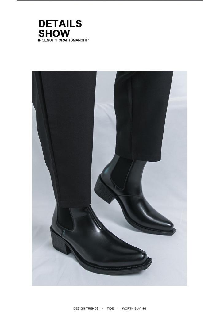 Men's Large Size Pointed Toe Leather Chelsea Boots with Thick Soles and High Heels - British Style Height Increasing Short Boots.
