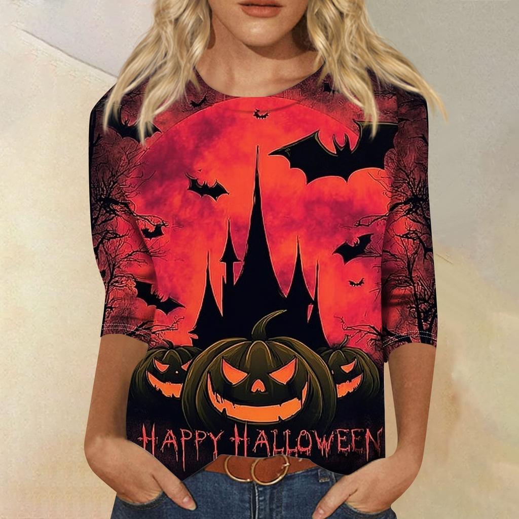 Women's Fashion Casual Round Neck Three-quarter Sleeve Halloween Printed T-shirt Top