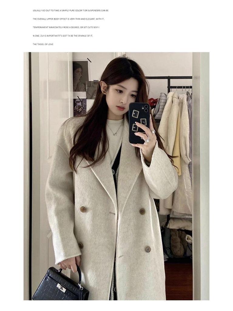 2025 Damski szary wełniany płaszcz: Średniej długości, pogrubione, koreański styl na jesień/zimę