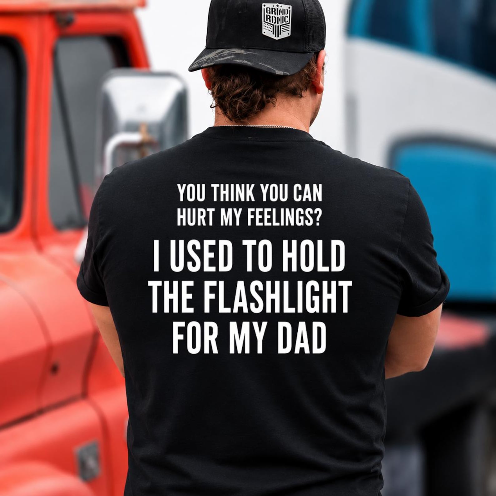 You Think You Can Hurt My Feelings? I Used To Hold The Flashlight For My Dad T-Shirt, Funny Dad Humor Gift, Sarcastic Graphic Tee L
