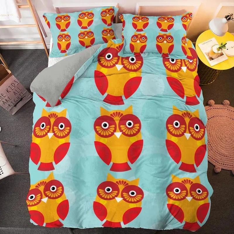 Kawaii Cartoon Owl Duvet Cover Set Full Queen King Size Owl Bedding Set For Girls Boys Brown Owl Cartoon Animal Comforter Cover