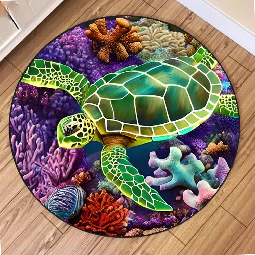 Soft Round Area Rugs Indoor Mats Sea Turtle Ocean Animal Nautical Map Unique Carpet for Living Room Bedroom Woman Yoga Mat Home