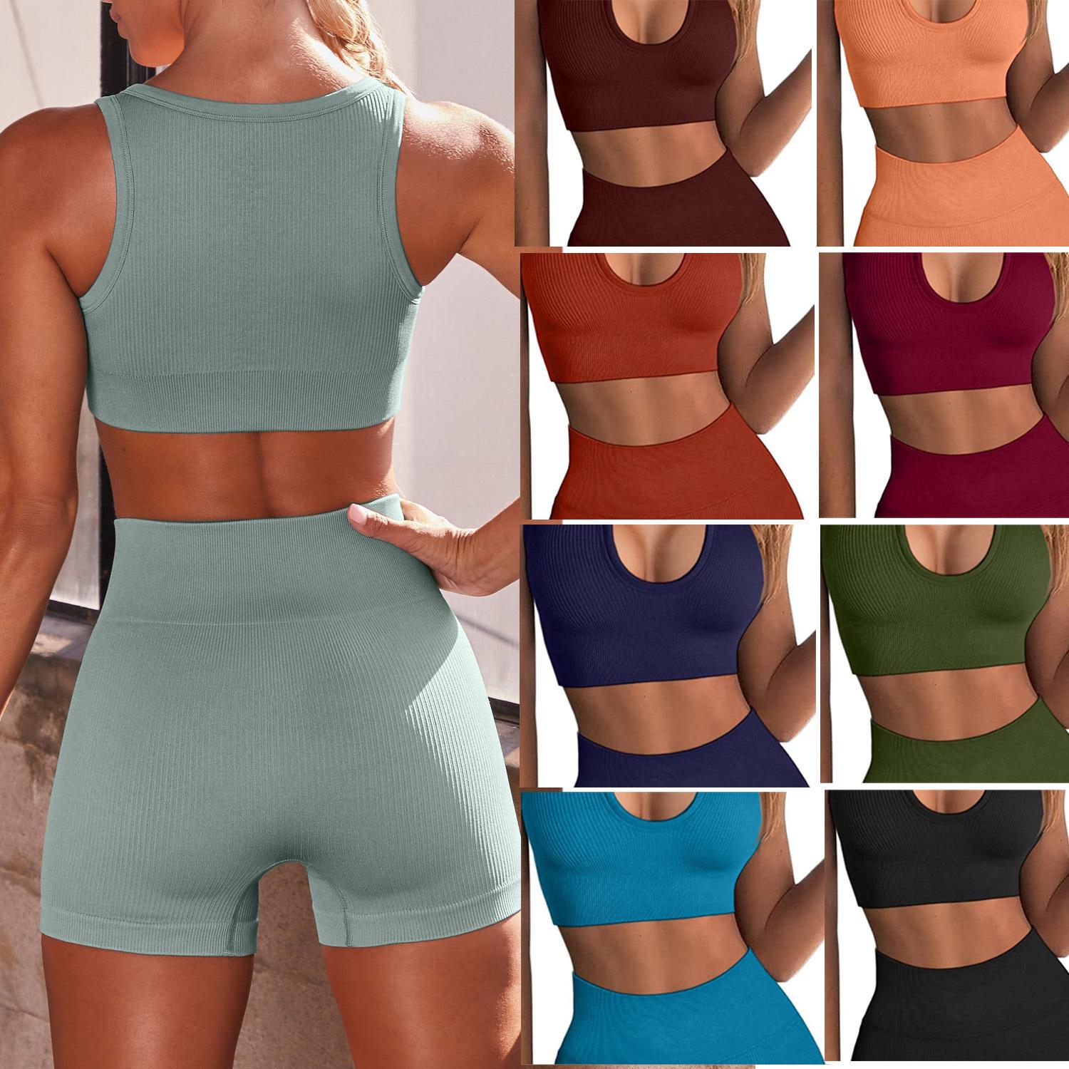 

Women s Seamless Ribbed V-Neck Yoga Set: Sexy Tank Top & Shorts for Fitness XL