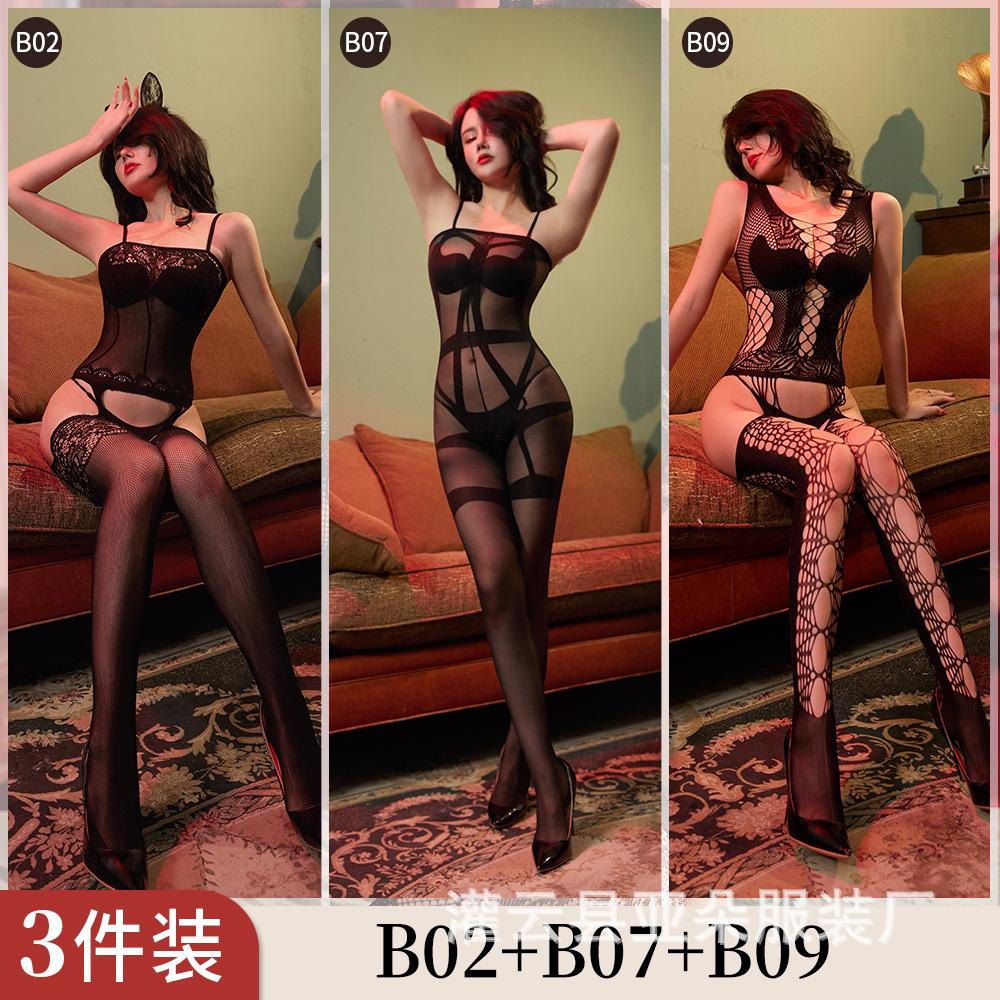 Jacquard-Mesh-Kombination offener Einteiler sexy Unterwäsche hohl sexy Strümpfe Reizwäsche Klasse B Mesh-Kombination