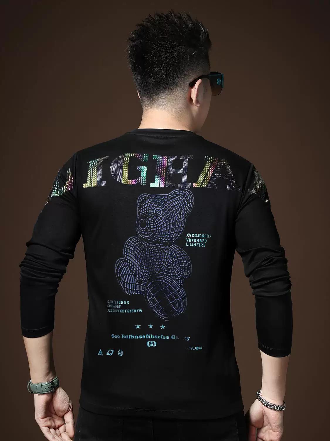 

European Trendy Brand Bear Rhinestone Long-Sleeve T-Shirt for Men 2025 New Autumn Round Neck Casual Top 3XL белый