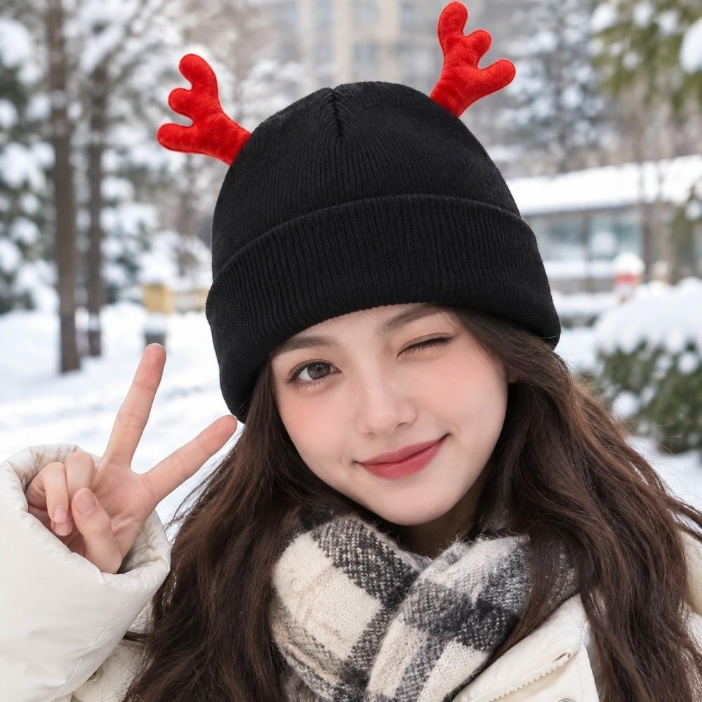 Cute Knit Beanie Cap Warm Deer Horn Beanie Party Reindeer Antler Hat Adult