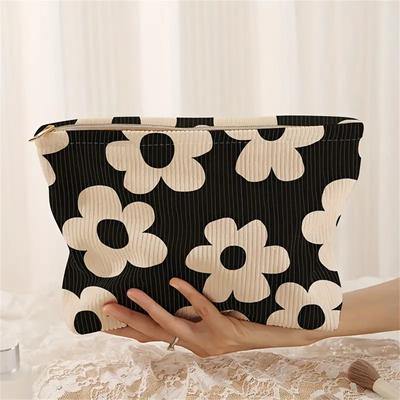 Floral Printed Corduroy Makeup Bag Black Lightweight Zipper Makeup Storage Box Multifunctional Cosmetic Bag With Lining