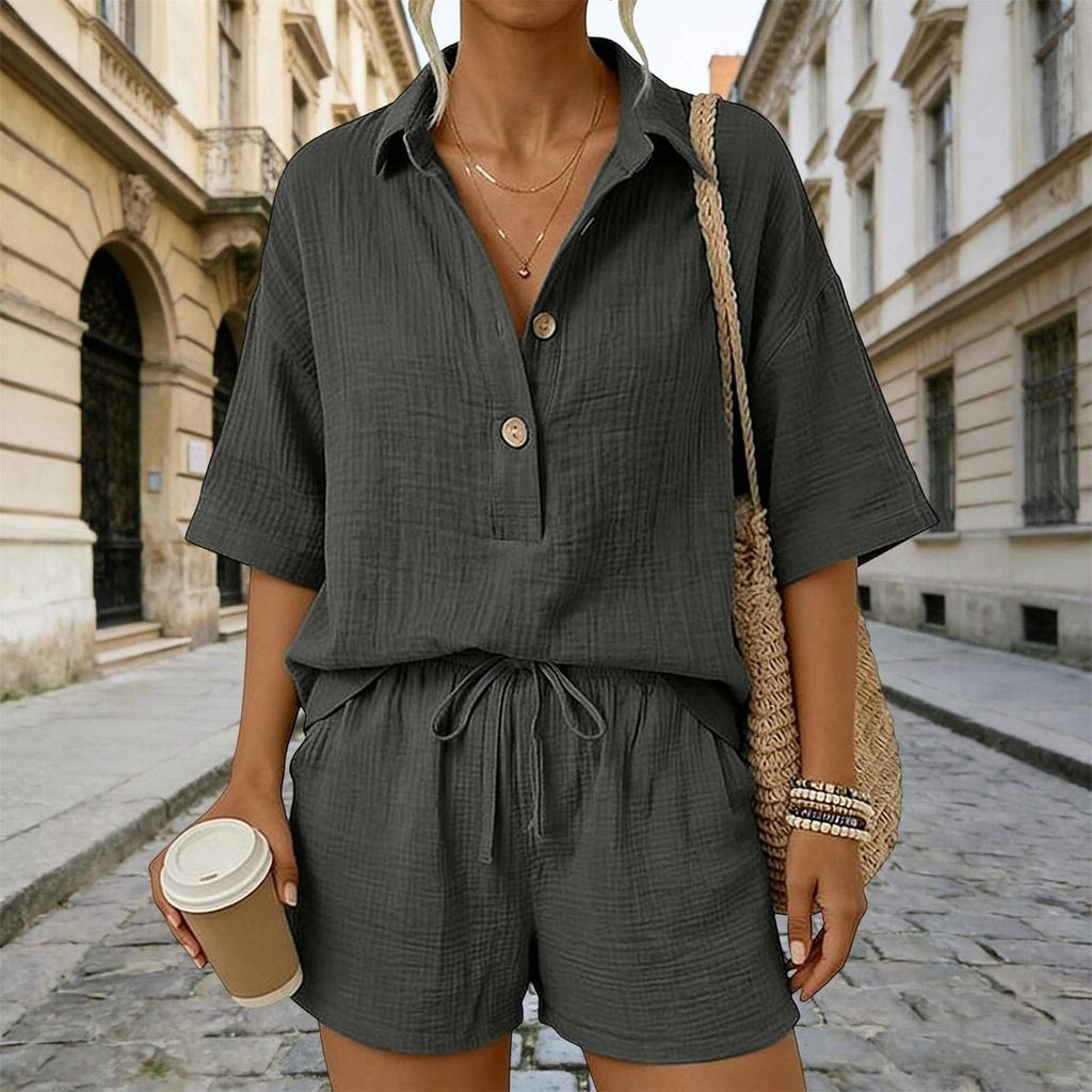 Women Casual Two Piece Set Lightweight Button Down Shirt and Drawstring Waist Shorts Relaxed Fit Summer Outfit