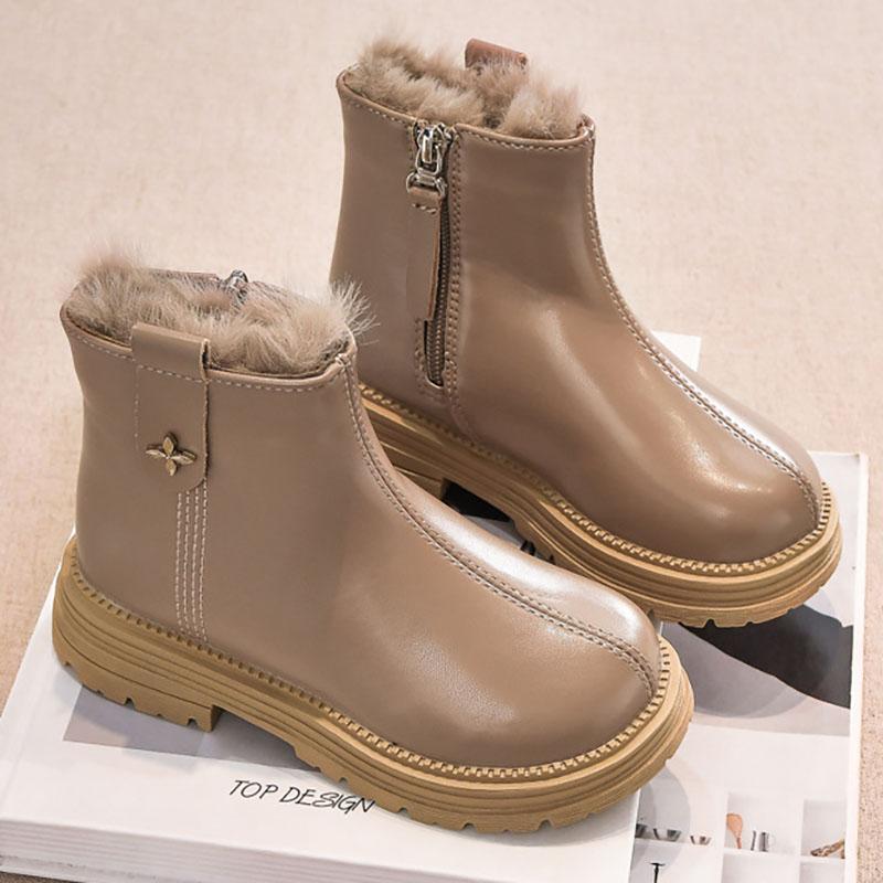 Winter Princess Plush Boots For Girls Solid Color Vintage Cotton Shoes PU Leather Waterproof Teenager Girl's Snow Boots