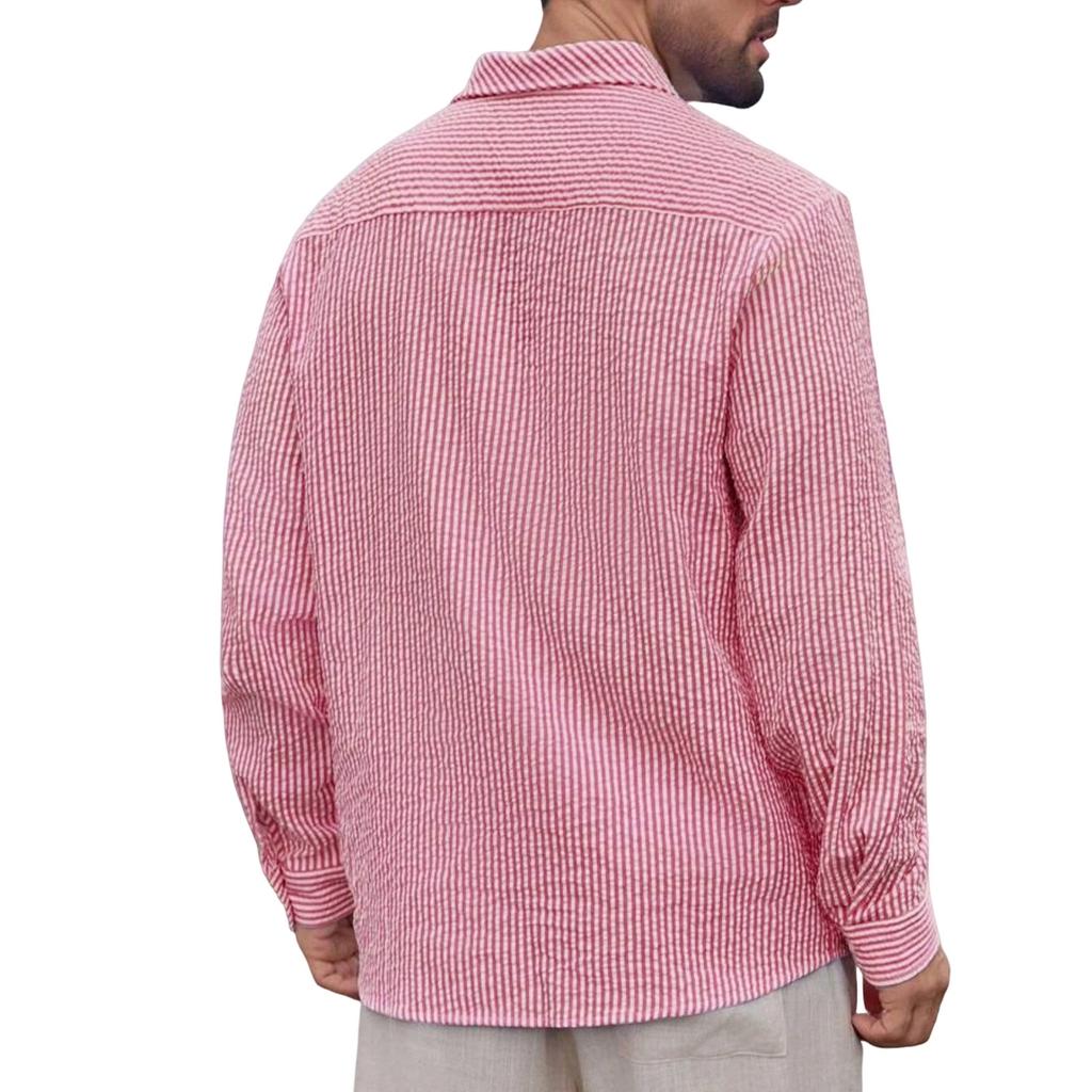 Men's Casual Long Sleeve Button Down Shirt, Lightweight Breathable Striped, for Vacation and Daily Wear