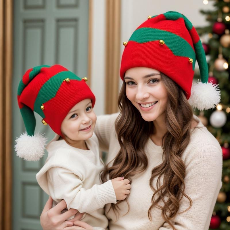 New Knitted Christmas Hat Winter Men's and Women's Bells Hairball Hat Parent-Child Holiday Party Dress Up Wool Hat