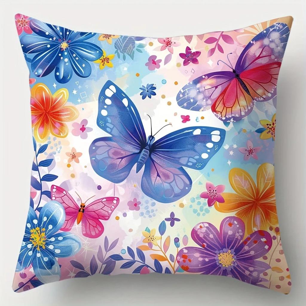 Colorful Butterflies and Flowers Pillow Cover Pattern Cushion Cover Suitable for Sofa Bedroom Car Pillow Cover