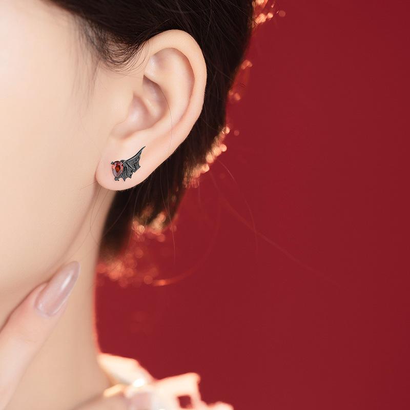 PANJBJ 925 Sterling Silver Red Zircon Studs Earring For Women Neo-Gothic Punk Wing Feather Angel Devil Jewelry Gift Dropshipping