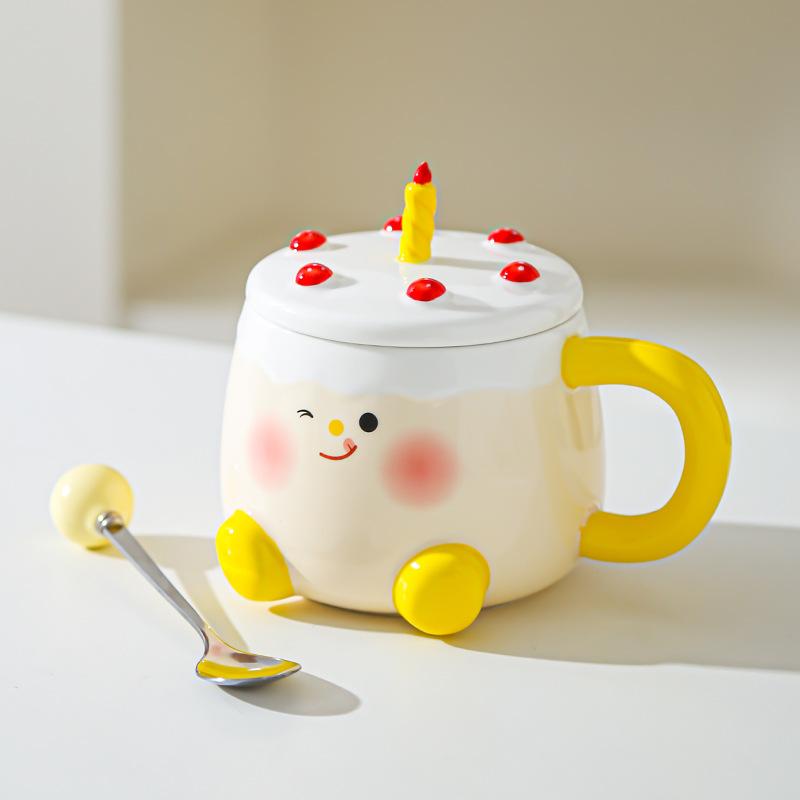 Creative Cartoon Cake Cup Birthday Gift Souvenir Ceramic Cup Cute Good Looking Water Cup with Lid Mug