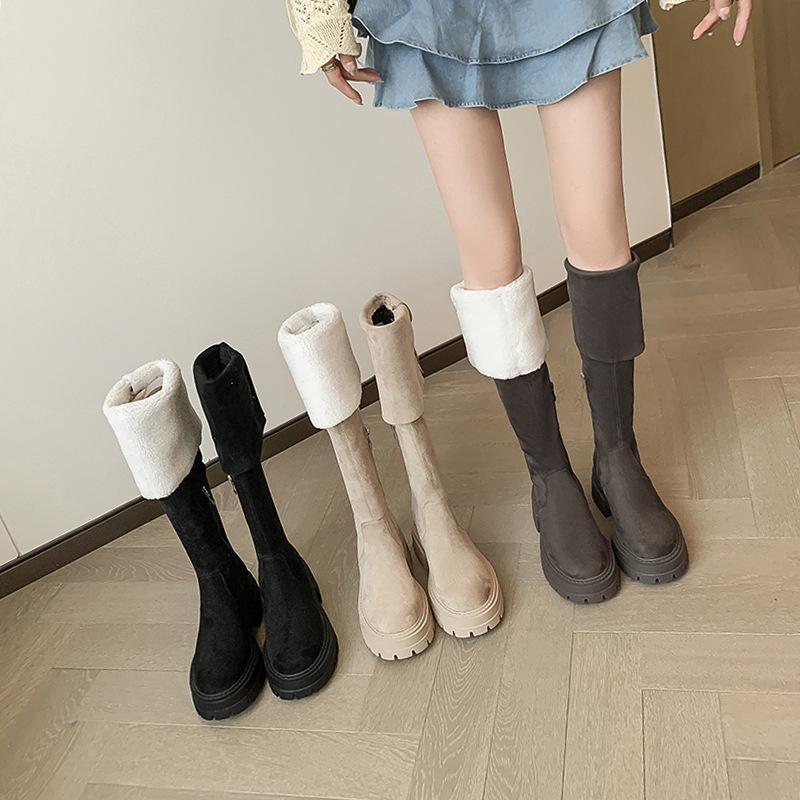 Lapel two wear autumn and winter new knee boots women's snow boots fleece thickened large tube circumference to keep warm