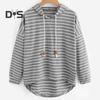 Women Autumn Hoodie Striped Print Contrast Color Drawstring Irregular Hem Long Sleeve Hooded Loose Pullover Casual Soft Lady Spring Sweatshirt