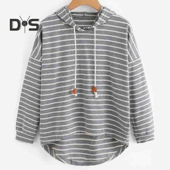 Women Autumn Hoodie Striped Print Contrast Color Drawstring Irregular Hem Long Sleeve Hooded Loose Pullover Casual Soft Lady Spring Sweatshirt