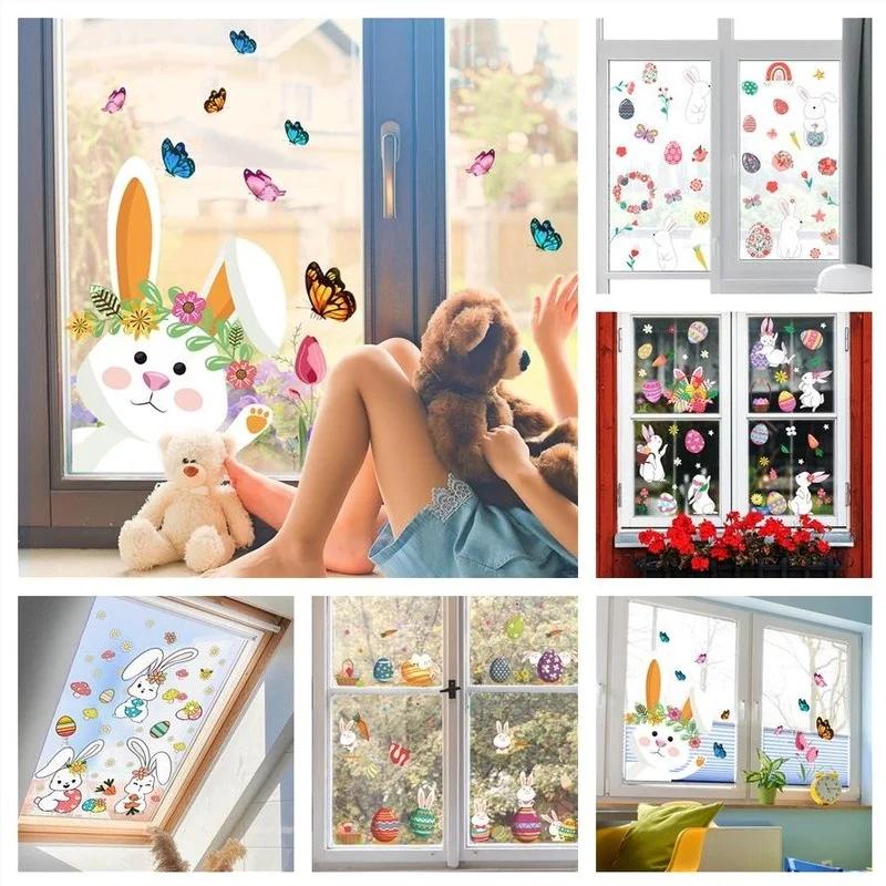 Cute Rabbit Butterfly Sticker Easter Window Glass Decoration Static Stickers Shop Window Decor Cartoon Home Holiday Decoration