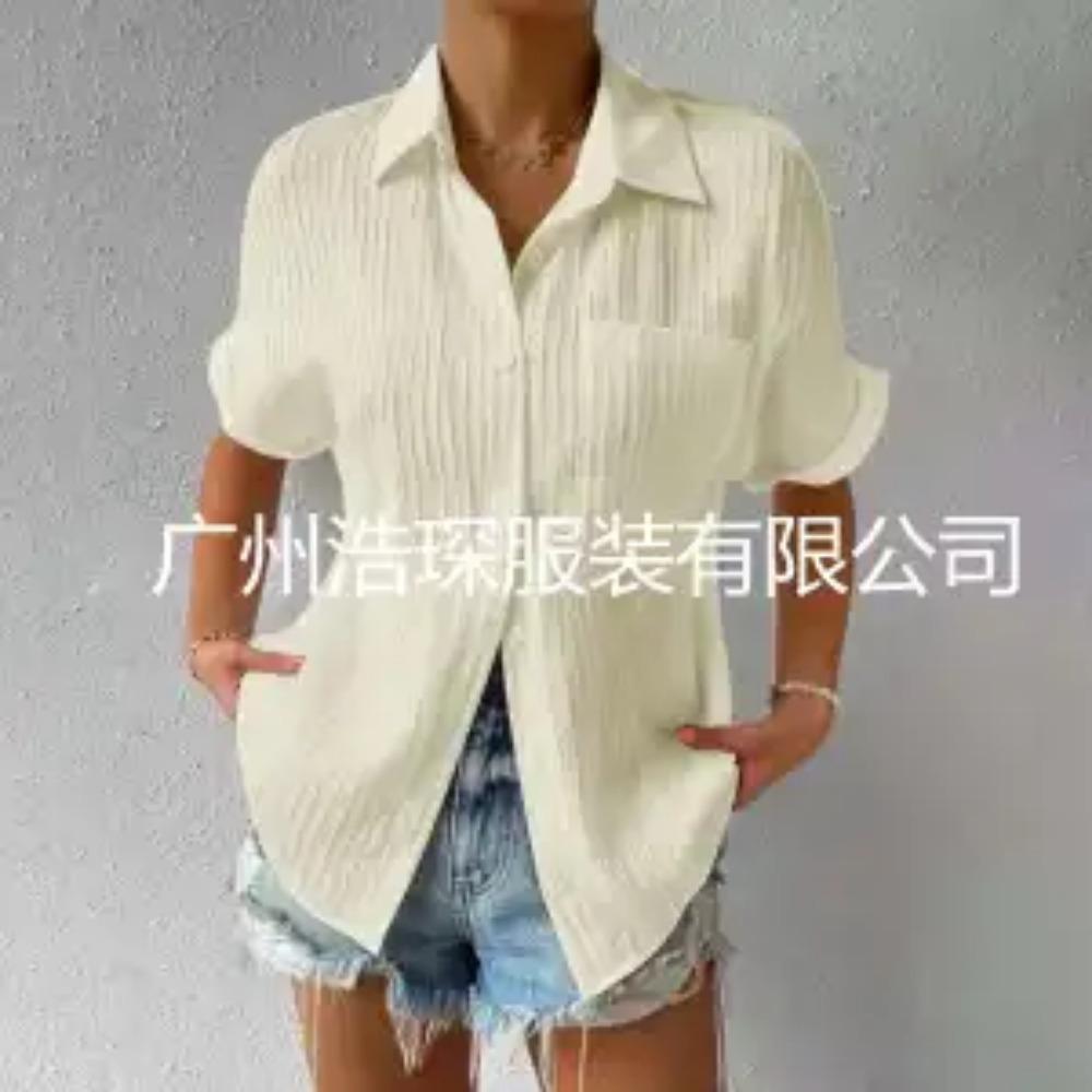 Open Front Shirt Patch Pocket Solid Casual Collar Insert Sleeve Women's Short Sleeve Shirt
