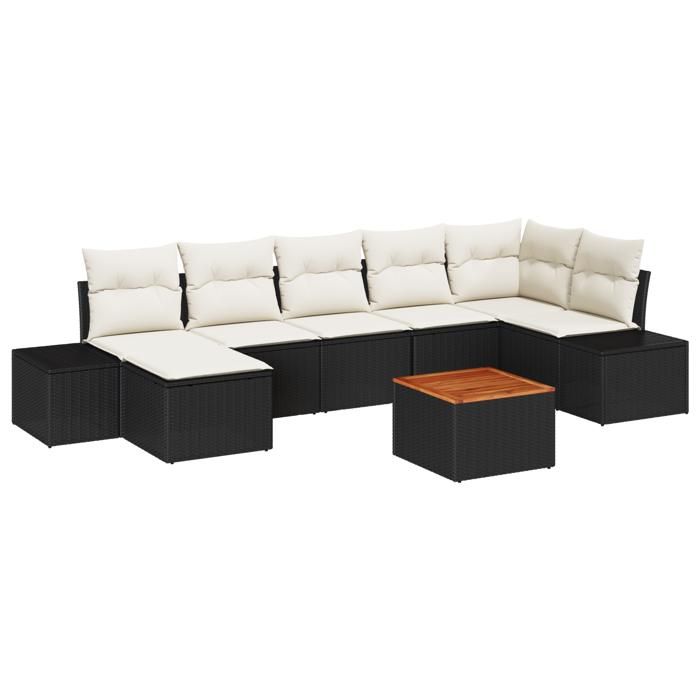 VidaXL Set de salon de jardin 8 pièces avec coussins Noir Poly Rattan Acacia 3347985