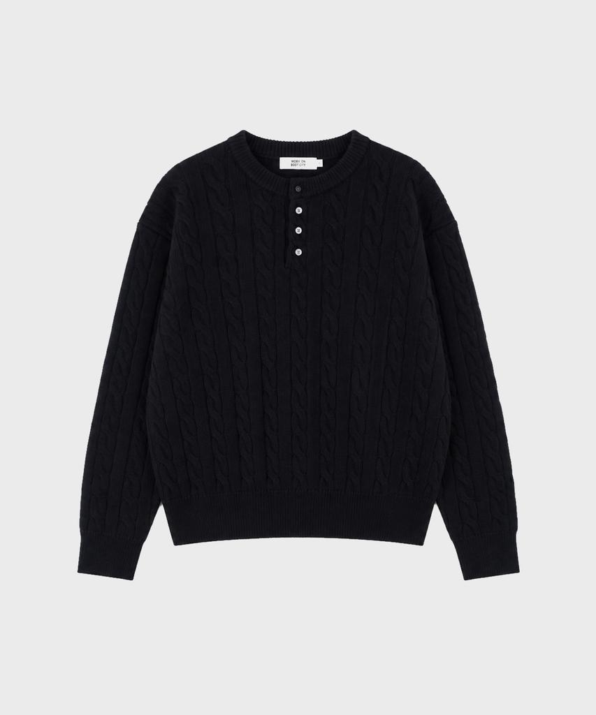 WORK ON BODY OFF Tord Semi-Overfit Cable Henley Neck Knit [Black]