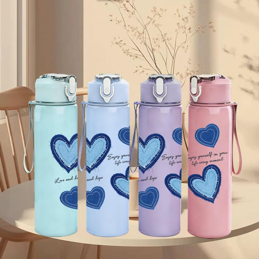 1PC Stacked Blue Pastel Heart Print 750ml Color Plastic Sports Water Bottle Leakproof Flip Straw Lid Suitable for Sports Office Home Use