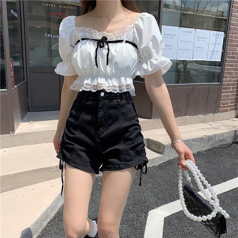 

Comfortable Skinny Fashionable and Versatile Drawstring Strapped Denim Shorts Female High-waisted Tight Elastic A-line Wide-leg Pants High Street 2XL чёрный