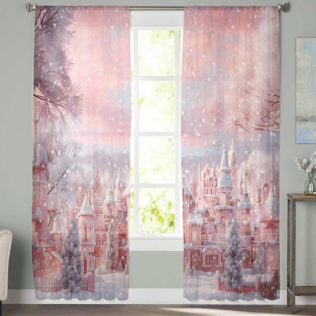 Christmas Western Santa Claus Curtains For Living Room Bedroom Home Decoration Window Voile Tulle Curtain Drapes