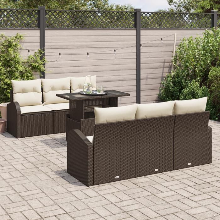 Canapé de jardin 7 pièces avec coussins marron poly rattan, Canapé de jardin 2 places avec rangement et coussins marron poly 3357301