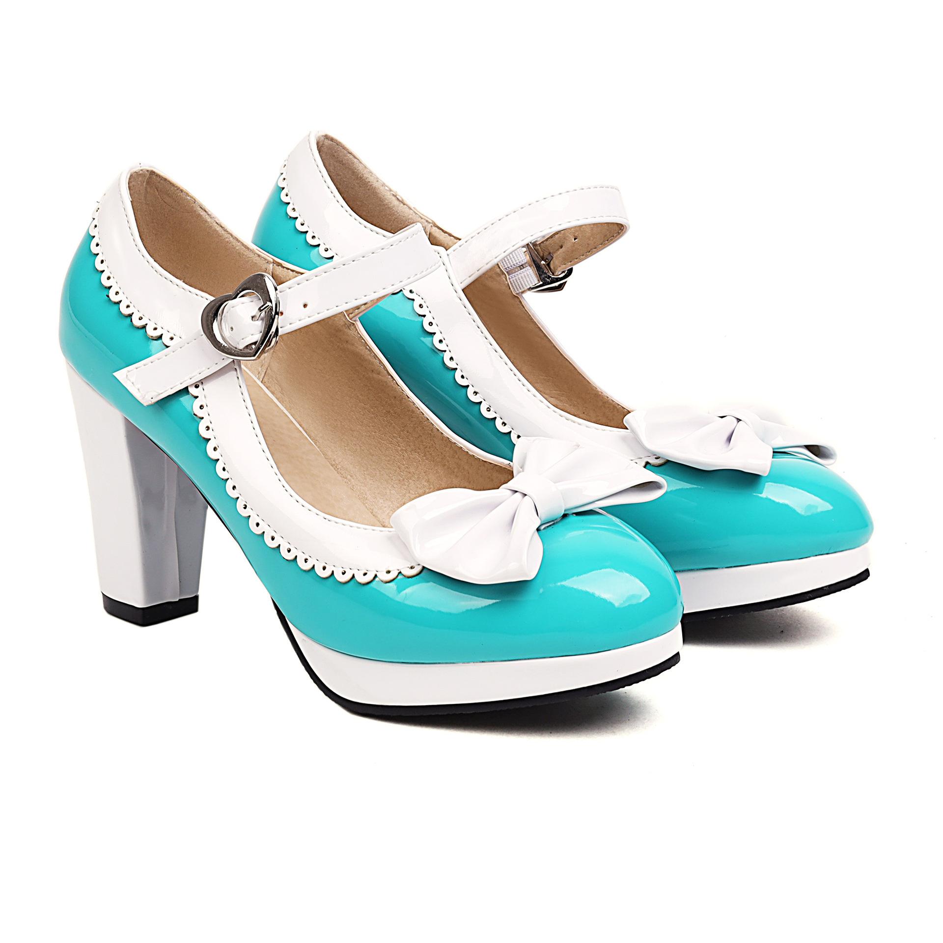 

New color matching bow princess fashion single shoes buckle thick high heels shoes 39
