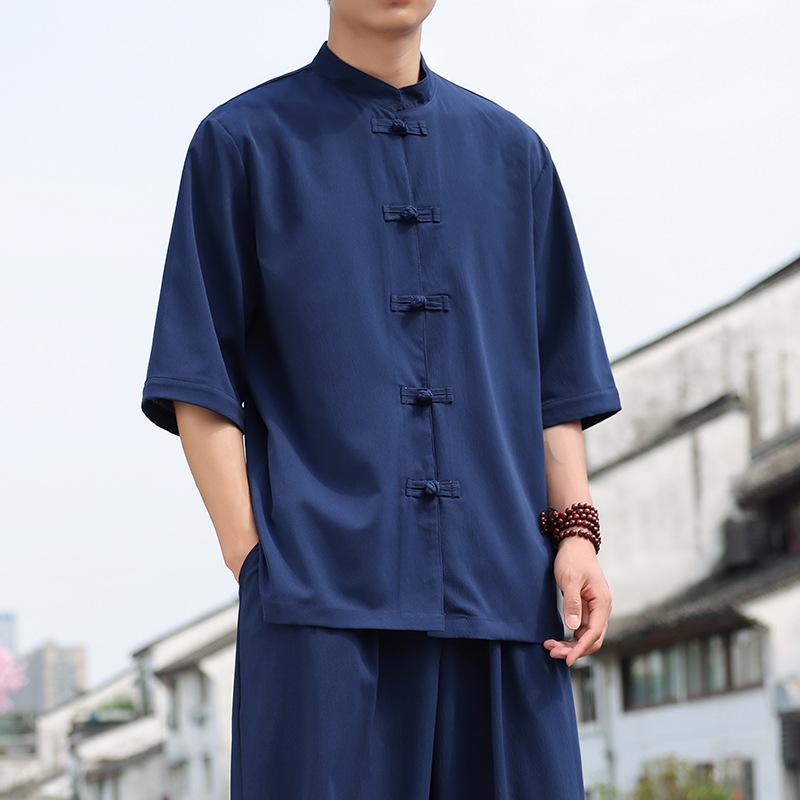 Koszula męska w stylu chińskim, letnia, z guzikami w kształcie dysku, z rękawami trzy czwarte, swobodna, ze stójką, w jednolitym kolorze, w dużych rozmiarach