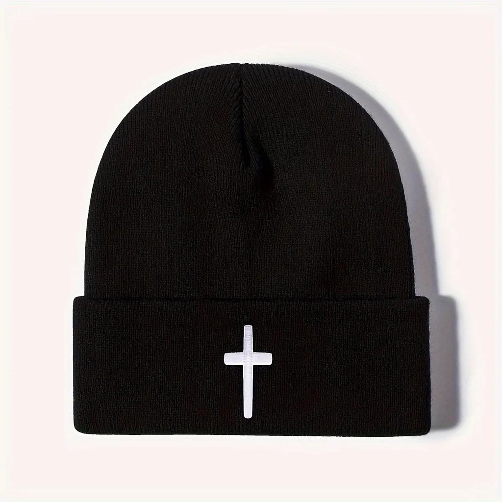 Natural NewFashionable Beanie: Cross Embroidered Knit Cap, Stylish Beanies for Women, Unisex Winter Hat for Outdoor Casual Wear